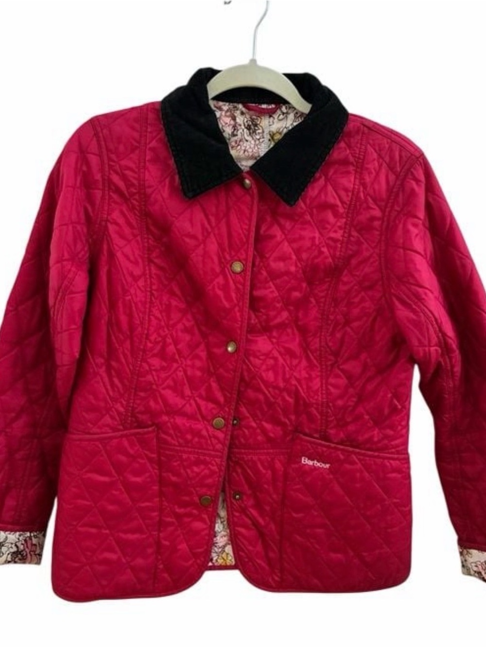 Barbour Quilted Pink-Red Puffer Jacket with Black Corduroy Collar